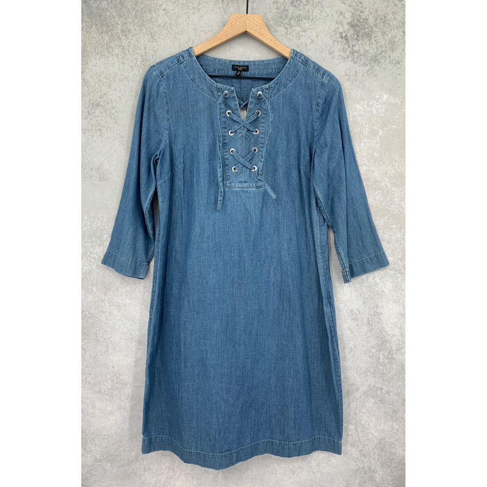 Talbots Denim Dress Womens 10 Petite Blue Lace Up Western Boho Classic NEW